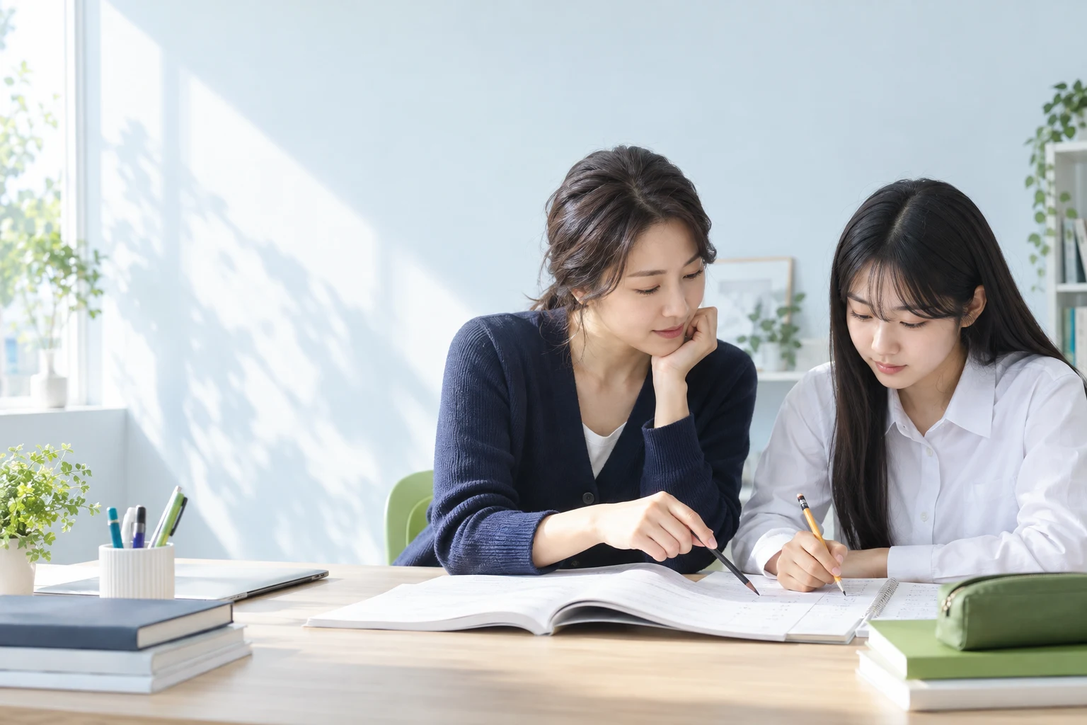 선생님과 학생이 함께 문제 풀이를 살펴보는 수업 장면, AI 생성 이미지